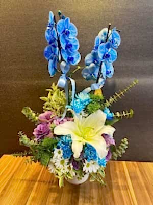 mavi orkide ithal 2 dallı aranjman tasarımlı